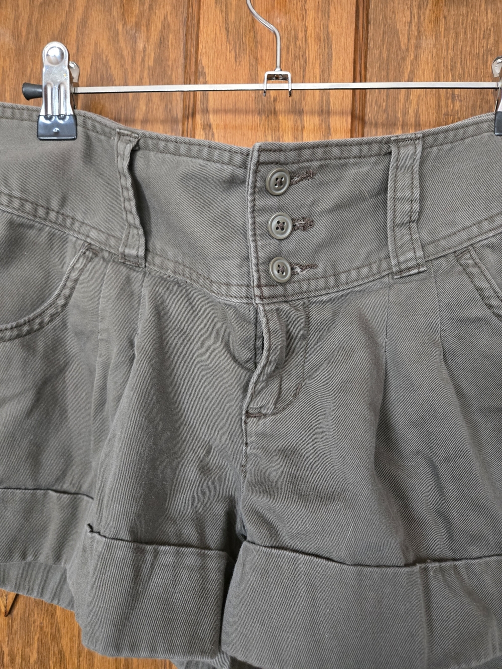 Express Olive Brown Rolled Hem Button-Front Jean Shorts - Picture 2 of 7
